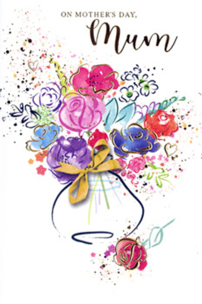 In this expressive Mother's Day card illustration, a jubilant bouquet seems to bloom directly from the page, as if just arranged on a table in a Yeading living room filled with family chatter. Sweeping, watercolour strokes form a lively mix of hot pink, rich indigo, apricot, and fresh chartreuse tones, each shade layered with a light hand so that colours mingle and overlap like shared stories over tea. The blossoms themselves are loosely defined, with open, rose-like shapes and rounded petals that suggest fullness and tenderness rather than strict realism. Golden accents curl and flick along select petals and leaves, outlining their forms and adding the impression of a gentle, internal glow-like the warmth that lingers after a long hug. The composition is anchored by a whimsical vase hinted at in pale washes, its base tied with a neat golden bow that speaks of tradition, care, and the small rituals of giving flowers on Mother's Day. Surrounding the central bouquet, tiny splashes of paint, soft hearts, and drifting dots scatter across the white card, evoking petals tossed in celebration or confetti caught mid-air on a breezy afternoon near the open spaces around Yeading. The overall feel is joyful yet heartfelt, combining the spontaneity of an artist's sketchbook with the thoughtfulness of a florist shaping each stem for meaning. This card reads as a keepsake rather than a simple greeting, capturing gratitude, admiration, and the vibrant, unconditional love between mother and child in layers of colour and glimmering golden detail.