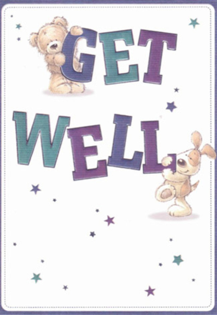 This get well card is a delightful snapshot of encouragement, designed with joyful artistry and Yeading's neighbourly warmth in mind. A lovable brown bear, plush and inviting, tenderly leans over the large, playful letters spelling 'GET,' while a curious puppy with velvet-soft ears lovingly balances by 'WELL' below. The deep purples and vibrant aquas of the lettering add a modern flair, creating a confident, cheerful base for the scene. Dancing throughout are bursts of star-shaped confetti-lavender, blue, and teal-evoking the sparkle of well wishes drifting through Yeading's suburban air, perhaps like petals scattered in the breeze near Yeading Brook. Rich in detail, the imagery captures the huggable softness of fur, the shimmer and flow of hand-drawn stars, and the crisp, unblemished background that amplifies each touch of colour. There's a serenity and sense of optimism that radiates from the card-akin to the calm you find when receiving a thoughtfully crafted bouquet from a local Yeading Florist. Every element, from the confident typography to the affectionate poses of the bear and pup, is arranged with the same care and positivity that defines flower delivery throughout Yeading, creating a message that is both uplifting and deeply personal.