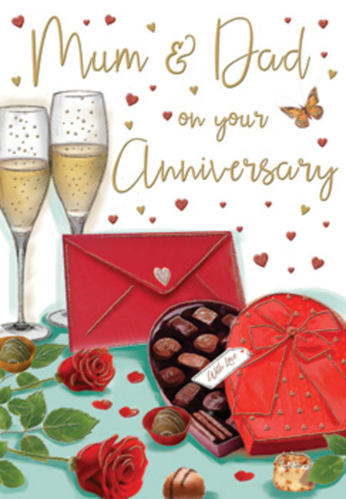 This detailed anniversary card design unfolds like an intimate celebration laid out on a dining table in a Yeading home, moments before family gathers. In the foreground, two red roses lie gracefully on a flat surface, their heads turned slightly toward one another as if in conversation. Each petal is richly shaded in crimson and burgundy, with soft curves that give them a lifelike, almost touchable texture, reminiscent of the freshest market-bought stems arranged by an experienced florist. The roses are nestled against a cluster of glossy green leaves, their edges gently serrated and veins subtly sketched, offering contrast and depth, much like foliage that might be chosen to frame a special anniversary bouquet for local delivery across Yeading. Next to the flowers sits a heart-shaped box of chocolates, a deep red lid tilted back to reveal carefully arranged truffles in warm brown tones. A broad, vivid red bow wraps the box, its loops and trailing ends drawn with a satiny sheen that suggests quality and care. Slight reflections play along the ribbon, echoing the glint on the glass of two champagne flutes standing just behind. These tall, slender glasses are filled with sparkling wine, their pale golden liquid animated by streams of tiny bubbles rising toward the rim, ready for a toast that feels both romantic and familiar, like an anniversary meal enjoyed after a walk along Yeading Brook. Scattered across the background are golden and crimson hearts, some solid, some softly outlined, floating around tender, hand-lettered words addressed to "Mum & Dad." A scarlet envelope rests nearby, sealed and slightly angled, hinting at personal, affectionate messages. The overall lighting is warm and diffused, casting gentle shadows that add dimension and create a cosy, celebratory atmosphere full of remembrance, gratitude, and enduring love.